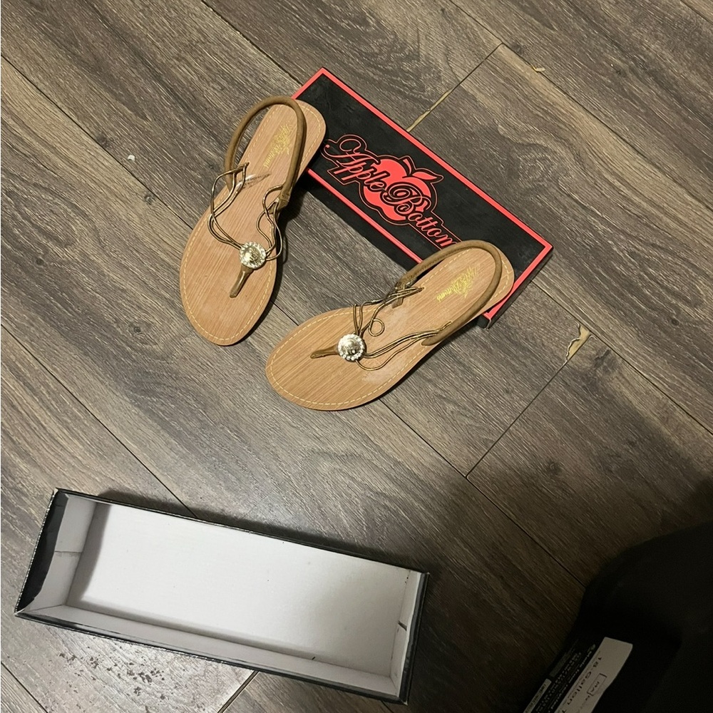 Apple Bottoms Tan Jeweled T-Strap Sandals